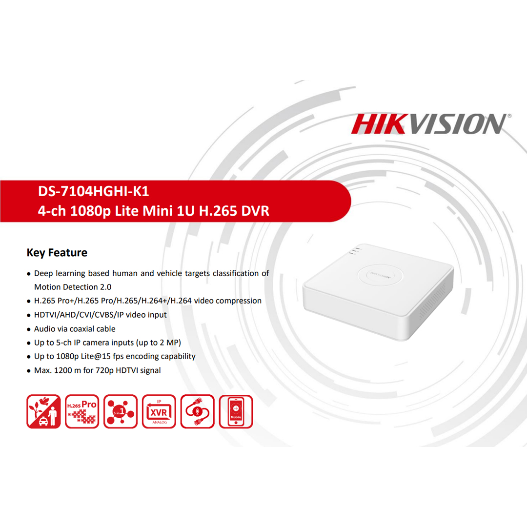 hikvision ds-7104hghi-k1/m1 4 Kanal 1080P Lite HD-TVI DVR Kayıt Cihazı | İnsan ve Araç Sınıflandırmalı Akıllı Hareket Algılama | HDMI & VGA Çıkış ek görsel