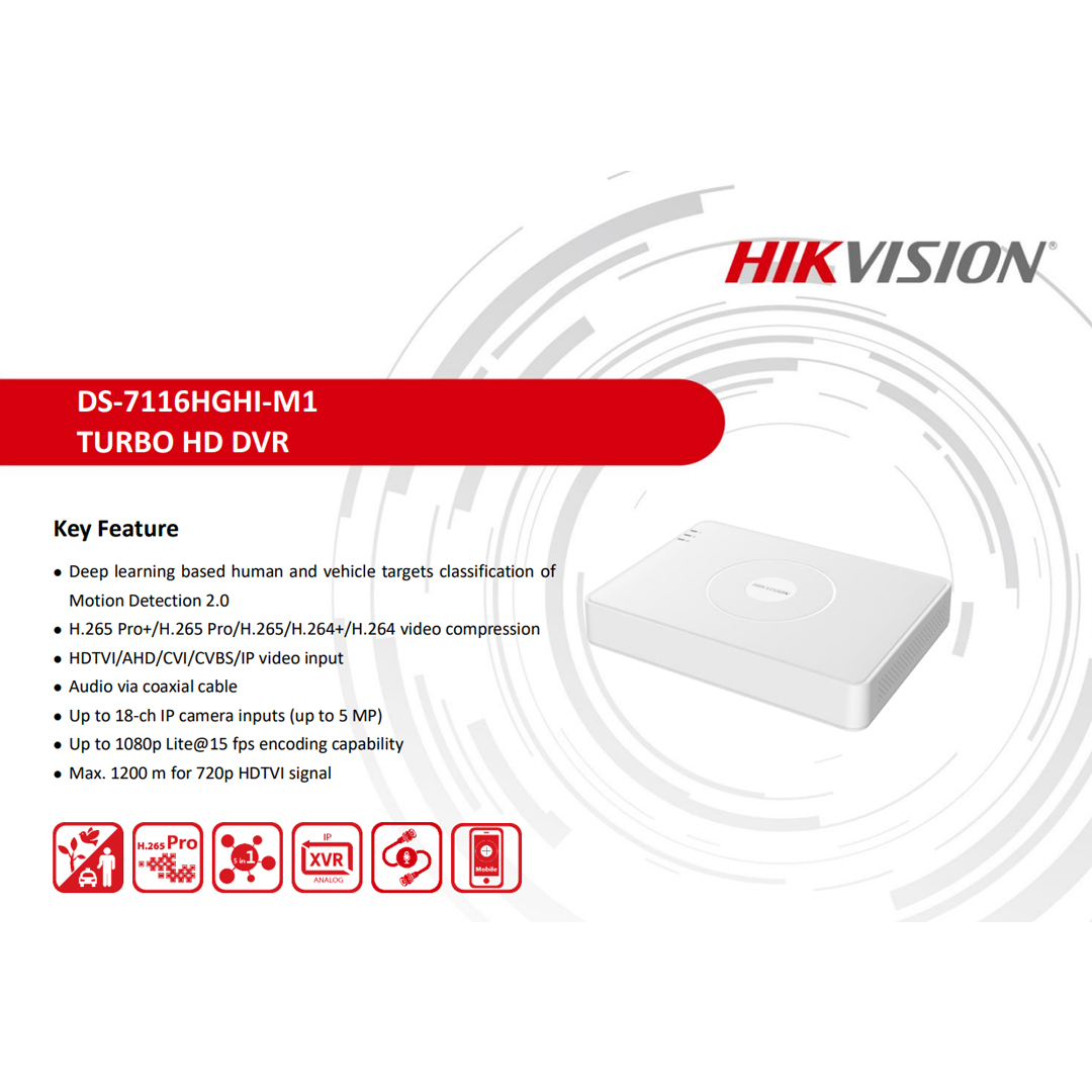 hikvision ds-7116hghi-k1/m1 16 Kanal 1080P HD-TVI Kayıt Cihazı, H.265+, 10TB Depolama Desteği(Dahili değil), HDMI & VGA Çıkışı, İnsan ve Araç Tespiti ek görsel